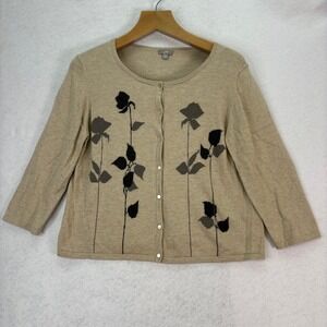 J. Jill Tan Floral Silhouette Wool Blend Cardigan Sweater‎ XL Soft Cottagecore